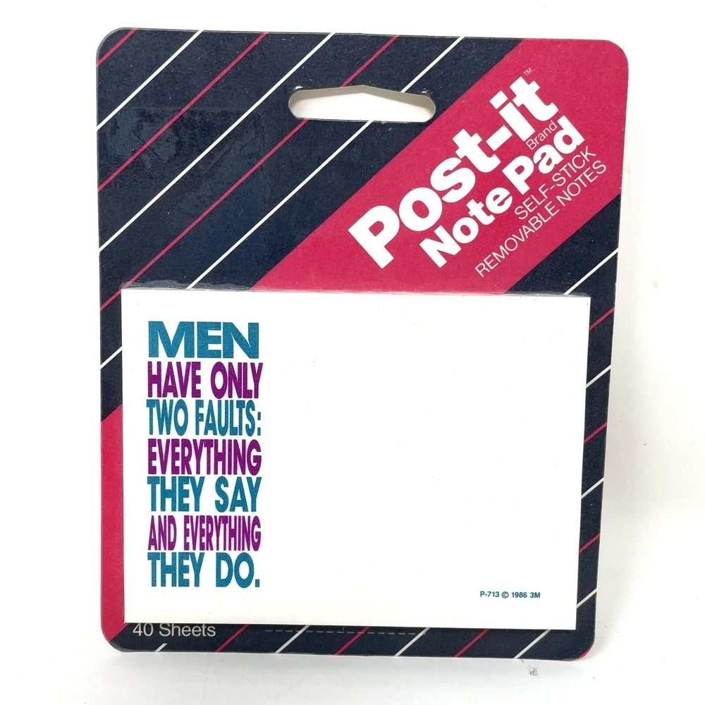 Vintage 80s Post It 40 Sheet Note Pad 2 7/8 X 4 Men Have Only Two Faults Prop